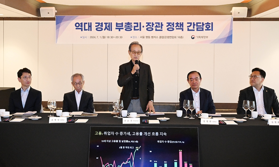 전윤철 전 경제부총리가 1일 서울 중구 은행회관에서 열린 ‘역대 경제 부총리·장관 정책 간담회’에서 인사말과 함께 경제위기 극복일화와 함께 정책제언을 하고 있다.