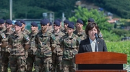 강정애 국가보훈부 장관이 10일 경기도 양평군 지평면 UN기념비에서 열린 프랑스 지평리전투 기념식에 참석하여 기념사를 하고 있다.