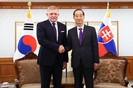 한덕수 국무총리가 30일 세종대로 정부서울청사에서 로베르트 피초 슬로바키아 총리를 접견,  인사 및 환담을 나누고 있다.