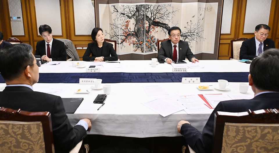 최상목 대통령 권한대행 부총리 겸 기재부 장관이 2월 27일 오전 서울 종로구 정부서울청사에서 열린 '대외경제현안간담회'를 주재하고 있다.