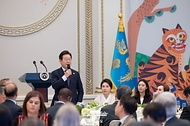 이재명 대통령이 지난 15일 청와대 영빈관에서 열린 '대통령의 초대, 주한외교단 만찬'에서 발언하고 있다. 
