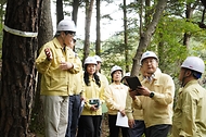 김인호 산림청장과 주낙영 경주시장이 2025년 10월 10일 아시아태평양경제협력체(APEC) 정상회의를 대비해 경주시 보문동 소나무재선충병 피해지 현장을 찾아 방제상황을 점검하고 있다.