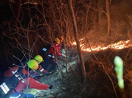 김인호 산림청장이 2025년 11월 21일 강원도 인제군 기린면 산불현장에서 산불진화대원을 격려하고 있다.