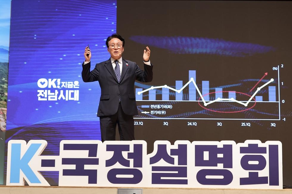 김민석 국무총리가 20일 전남 무안군 전남도청에서 열린 K-국정설명회에서 강연을 하고 있다.