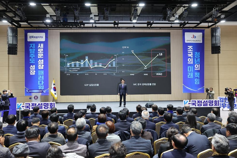 김민석 국무총리가 1월 19일 전북 전주시 전북대학교에서 열린 전북JC·전북자치도 초청 K-국정설명회에서 특별강연을 하고 있다.