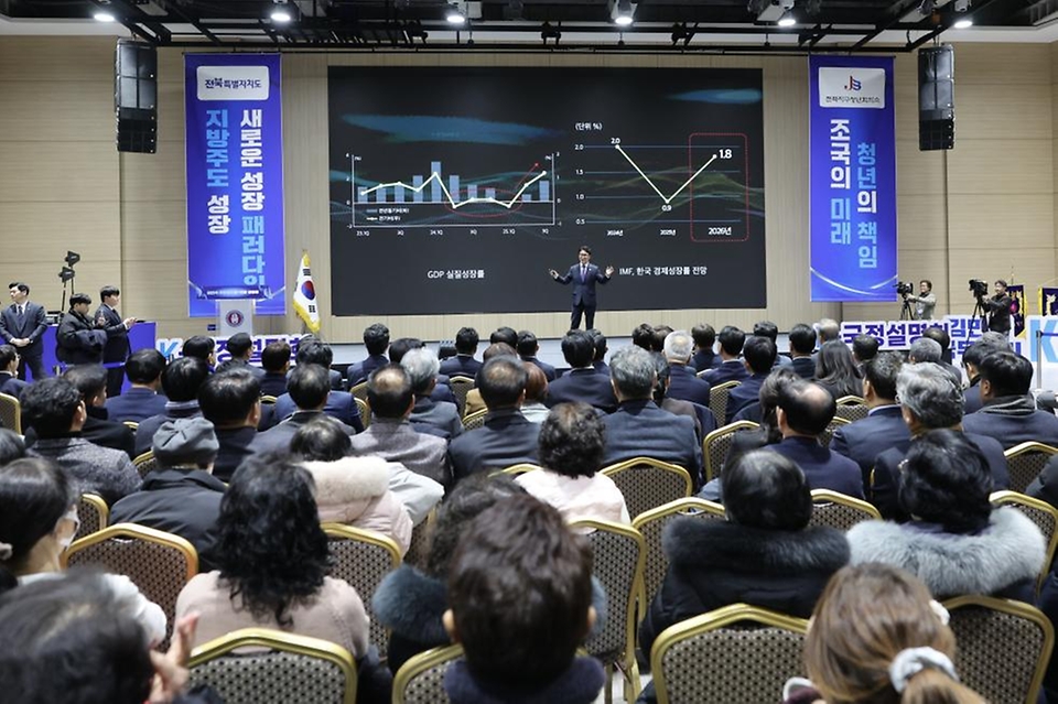 김민석 국무총리가 1월 19일 전북 전주시 전북대학교에서 열린 전북JC·전북자치도 초청 K-국정설명회에서 특별강연을 하고 있다.