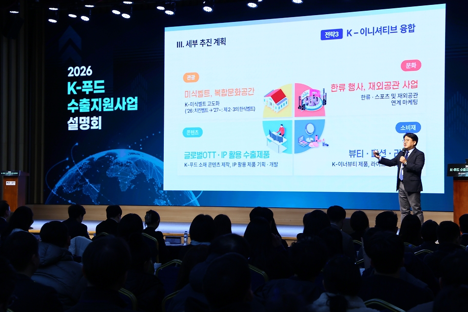 정부는 1월 23일 서울 과학기술컨벤션센터에서 ‘2026년 케이(K)-푸드 수출지원사업 설명회’를 개최했다. <br><br>설명회에는 농식품부, 한국농수산식품유통공사(aT), 지식재산처, 대한무역투자진흥공사(KOTRA·코트라), 중소벤처기업진흥공단, 한국지식재산보호원, 한국식품연구원 등 관계 부처와 유관기관이 참여해 무역보험, K-브랜드 보호, 해외 인증, 수출 상품화 등 수출 관련 필수 정보와 지원사업 등을 설명했다.