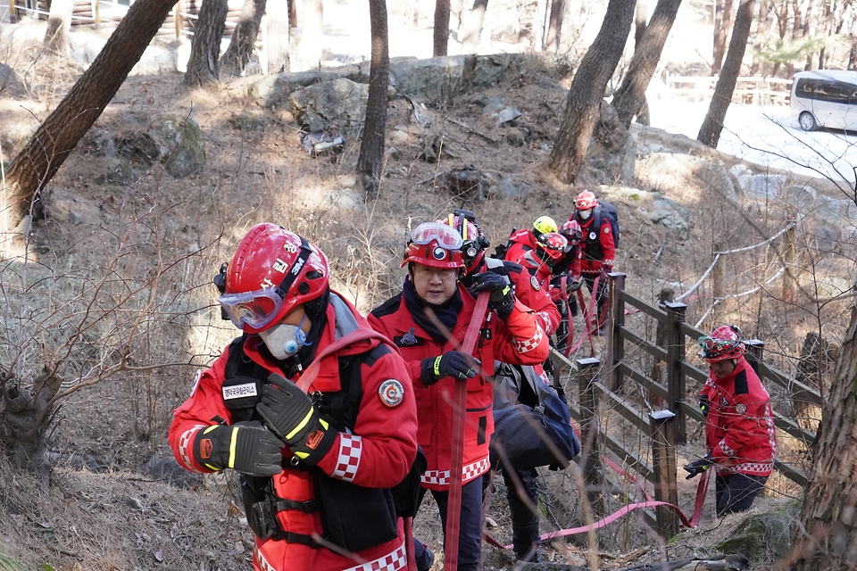 김인호 산림청장은 1월 29일 경상북도 영덕군 노물리 산불피해지 현장 점검 후 영덕·울진국유림관리소, 울진산림항공관리소가 합동으로 실시한 산불 진화용수 살수 및 에어텐트 설치, 헬기 출동 훈련에 참석해 산불 대응태세를 점검했다.