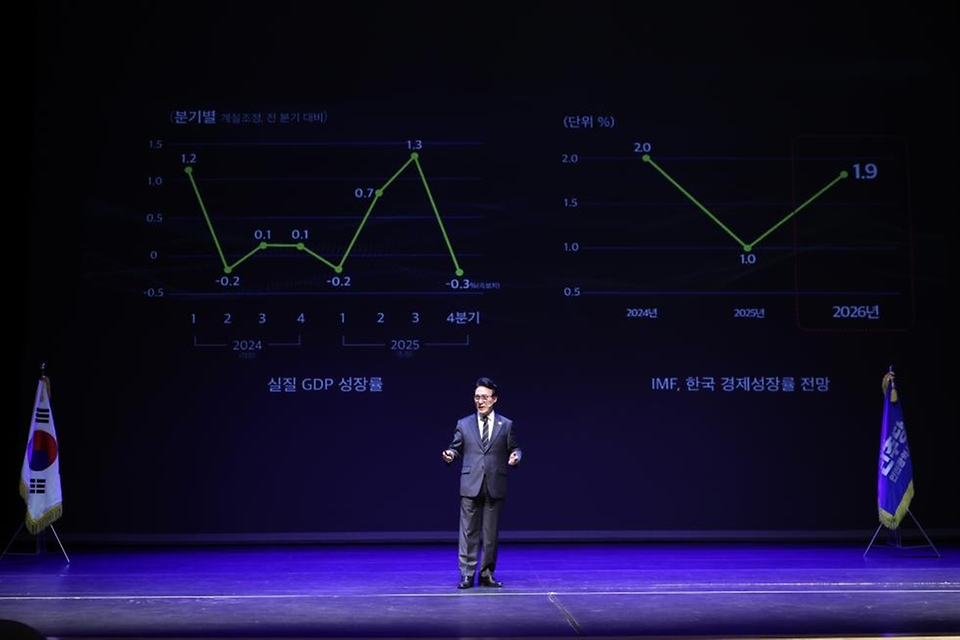 김민석 국무총리가 2월 23일 인천 계양문화회관에서 열린 더불어민주당 인천시당 초청 K-국정설명회에서 특별강연을 하고 있다.