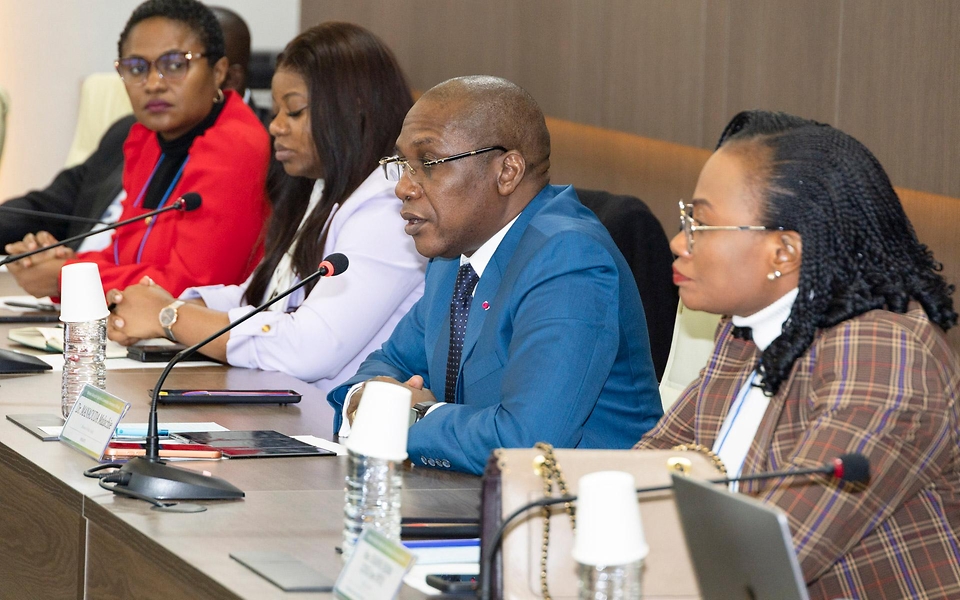 정은경 보건복지부 장관이 3월 27일 서울 한국보건산업진흥원 회의실에서 마나우다 말라시(Manaouda Malachie) 카메룬 보건부 장관과 만나 응급의료체계 협력에 대해 논의하고 있다.