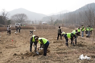 3월 27일 경기도 용인시 처인구에서 열린 '탄소흡수원 확충을 위한 민간참여 나무심기'에서 참가자들이 나무를 심고 있다.