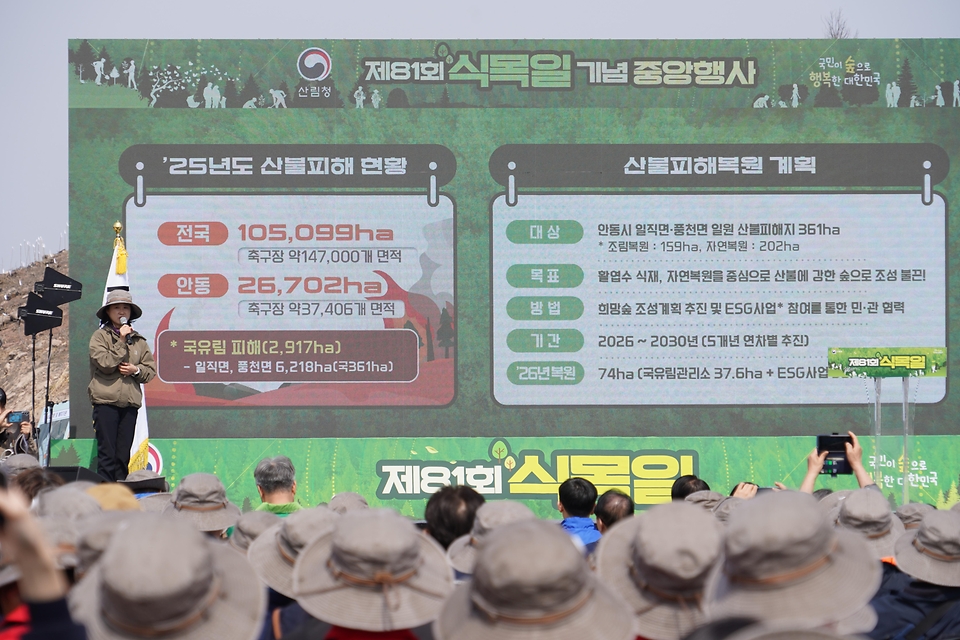 4월 3일 경북 안동시 풍천면에서 열린 '제81회 식목일 나무심기' 행사에서 참가자들이 나무를 심고 있다.