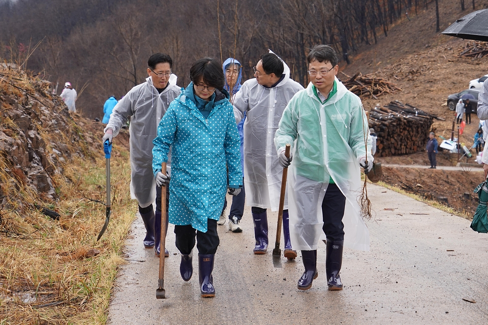 2026년 4월 4일 경북 안동시 풍천면에서 열린 '산불피해 복원 평화의 숲 나무심기' 행사에서 참가자들이 나무를 심고 있다.