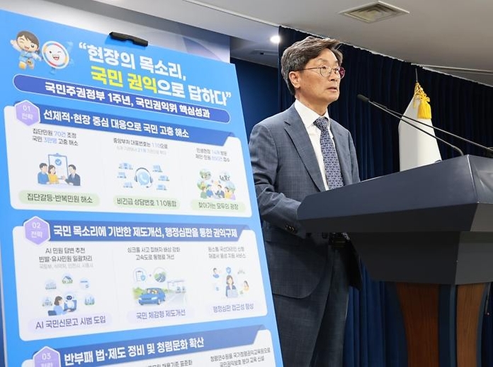 정일연 국민권익위원회 위원장이 6월 1일 서울 종로구 정부서울청사에서 국민주권정부 1주년 국민권익위 핵심성과를 발표하고 있다.