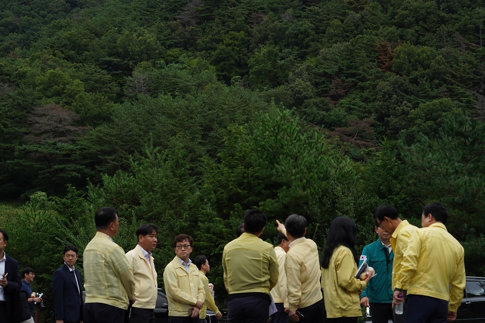 박은식 산림청장이 8월 13일 포항시 북구 기북면 소나무재선충병 방제사업장을 찾아 유인 항공방제 실증사업 진행현황을 점검하고 효율적인 방제 전략 추진을 논의하고 있다.