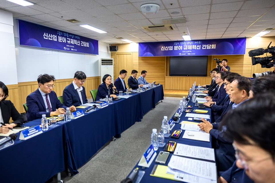한성숙 국무총리가 8월 20일 서울 구로구 벤처기업협회에서 열린 신산업분야 규제혁신 간담회를 주재하고 있다.