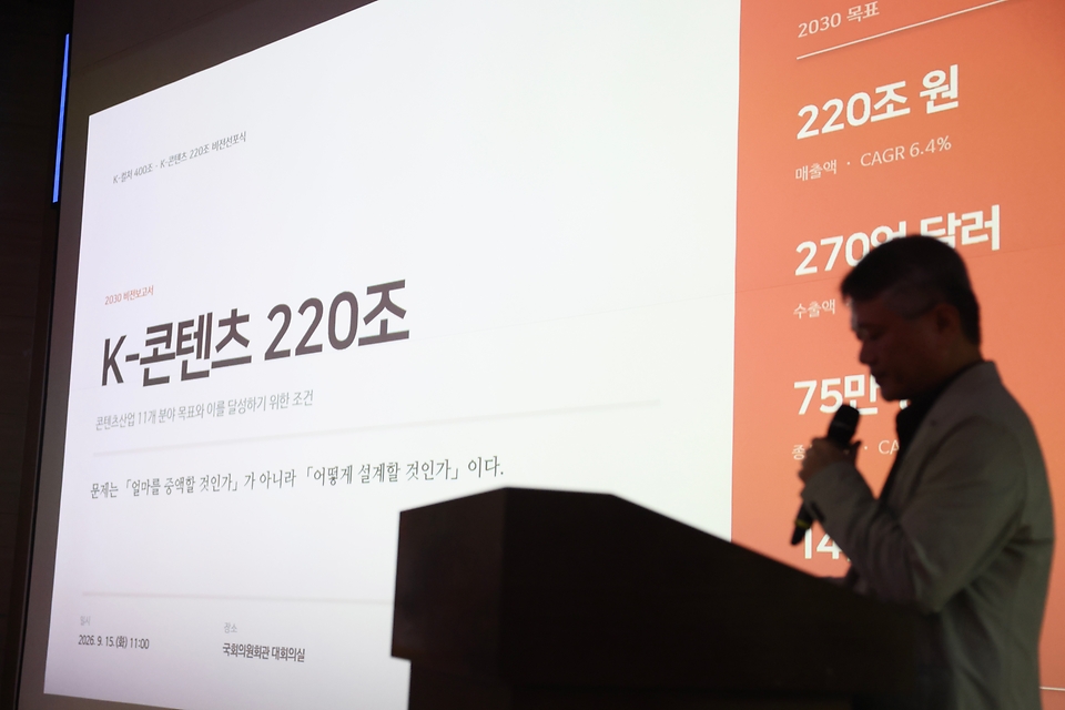 9월 15일 서울 여의도 국회에서 열린 K-컬쳐 400조·K-콘텐츠 220조 비전선포식에거 김승욱 대한출판문화협회 정책담당전무가 비전 선포 발제를 하고 있다.