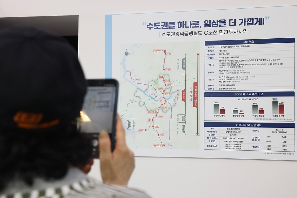9월 15일 경기 수원시 팔달구 수원역 대합실에서 한 시민이 수도권광역급행철도 GTX-C 관련 노선을 살펴보고 있다.