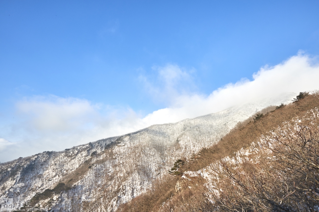 충북 단양과 경북 풍기 사이에 위치한 소백산 비로봉은 겨울 설산 트레킹의 성지로 꼽히고 있다. 멀리 구름이 흘러가는 겨울 소백산 풍경.  
