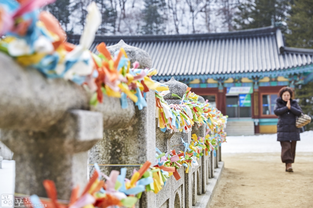 오대산 월정사를 방문하면 소원을 빌고 탑 주위를 돌며 기도하는 의식인 강원도무형문화재 28호 '탑돌이'를 체험할 수 있다. 한 불자가 두 손을 모으고 석탑을 돌고 있다.<br/>
<br/> 
- 대한민국 테마여행 10선 '평창로드' (1일차 코스) 