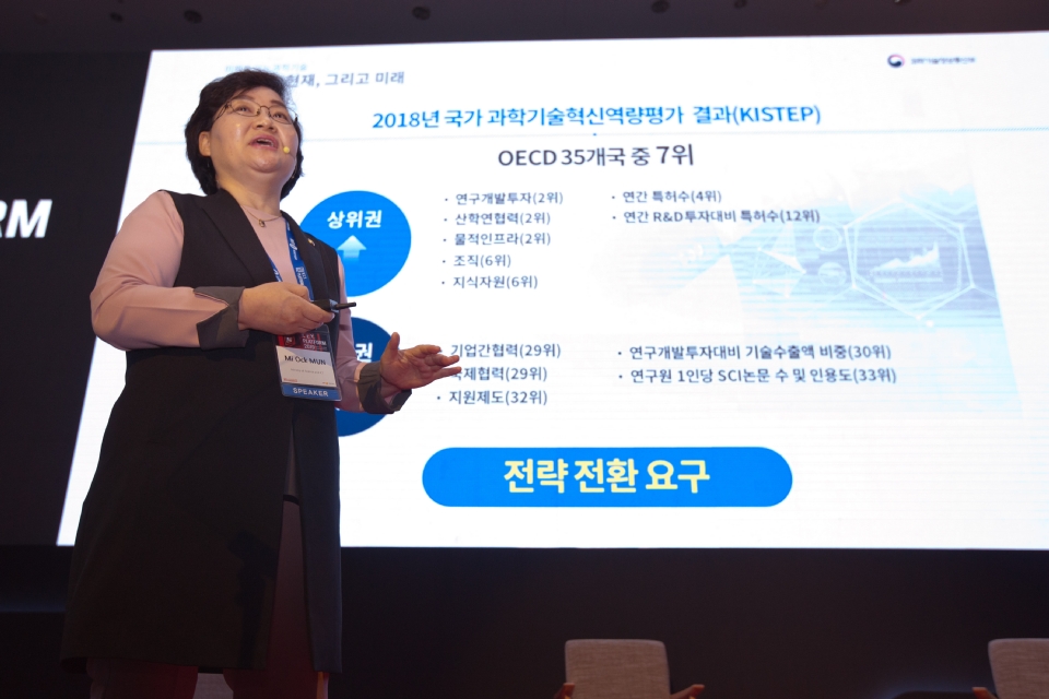 문미옥 과학기술정보통신부 제1차관이 25일 오전 서울 영등포구 콘래드호텔에서 열린 '키 플랫폼(K.E.Y. PLATFORM) 2019' 에 참석해 '미래를 여는 과학기술'을 주제로 기조 강연 하고 있다.