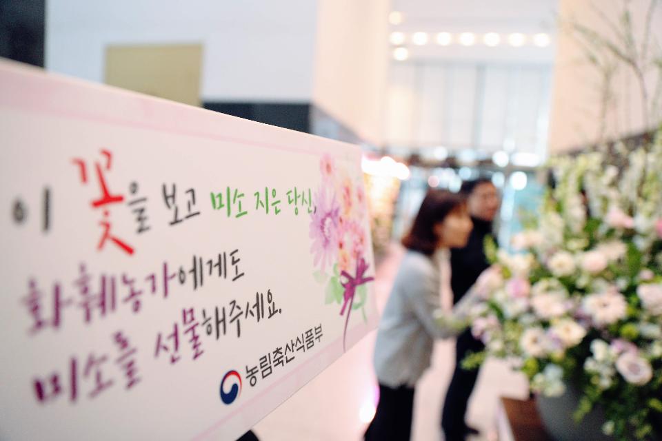 <p>코로나19에 따른 영향으로 인해 졸업식이 축소되거나 취소되어 꽃다발 등 꽃소비가 감소해 화훼농가가 어려움을 겪고 있다. 13일, 농식품부는 화훼농가의 어려움을 돕고자 화훼 소비촉진과 농가 자금 지원 방안을 마련하여 발표했다. <br>
 2~3월 중 농식품부, 소속·산하기관, 농협 등(21개 기관)이 우선적으로 ‘사무실 꽃 생활화(1Table 1Flower)’, 화훼장식 등을 통해 270만 송이 집중 구매할 예정이다. <br>
<br> * ‘공공부문 화훼소비 확대’의 일환으로 농식품부에서 화원을 통해 구매한 대형 화훼장식</p>