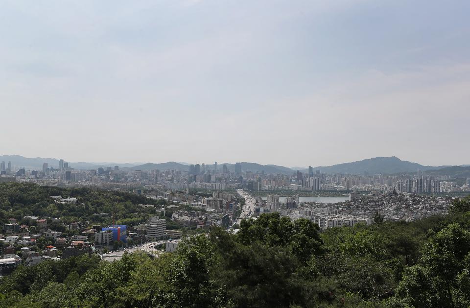 21일 서울 용산구 남산 전망대에서 바라 본 도심이 5월의 신록으로 물들어 있다.