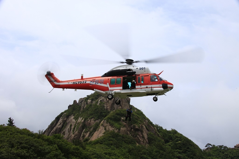 <p>영암산림항공관리소에서 국내 최초로 운영하는 수리온헬기 항공구조 훈련을 하고 있다.<br></p>
