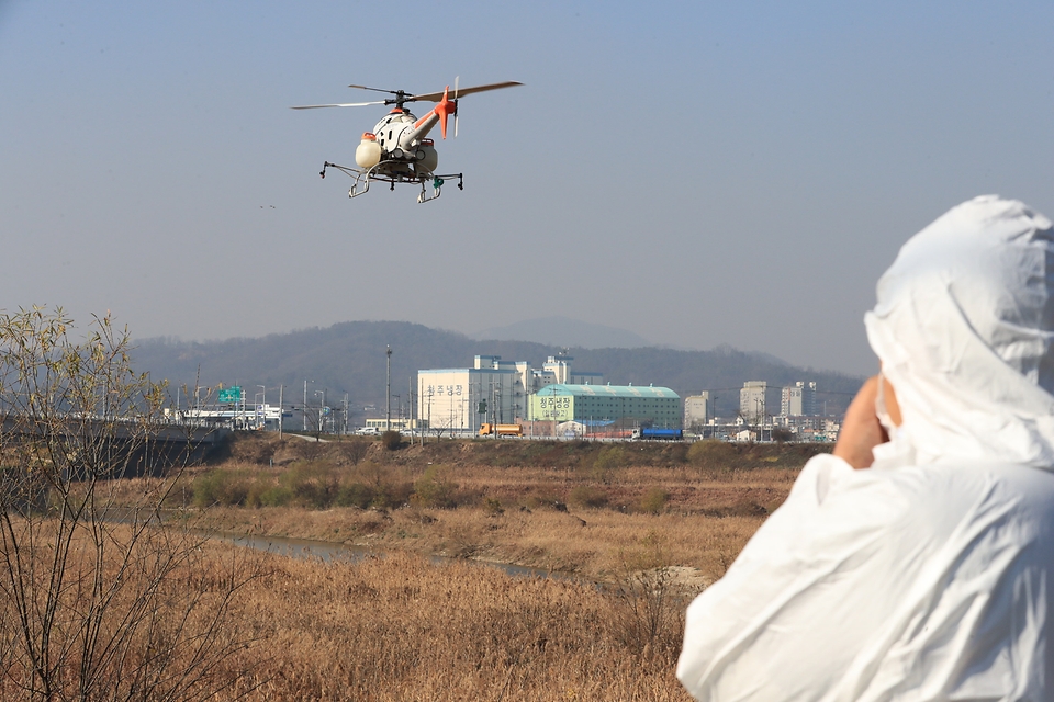 농림축산식품부가 26일 충북 청주시 미호천에서 방제 차량 및 인력이 닿지 않는 지역에 무인 방제헬기를 이용한 조류인플루엔자(AI) 방제활동을 하고 있다. 