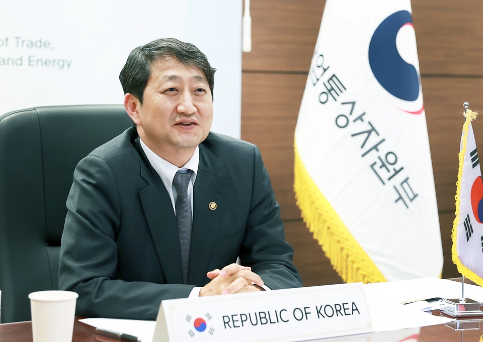 안덕근 산업통상자원부 통상교섭본부장이 23일 서울 중구 대한상공회의소 영상회의실에서 열린 ‘인도·태평양경제프레임워크(IPEF) 출범 장관회의’에서 발언을 하고 있다.