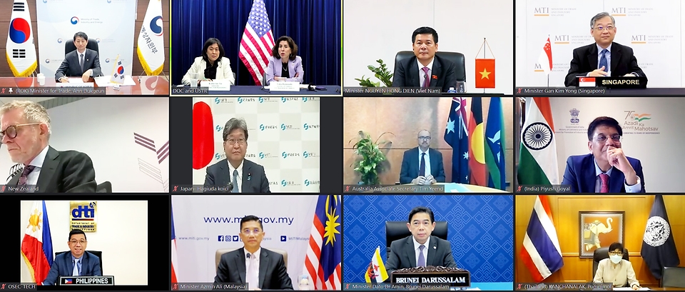 23일 서울 중구 대한상공회의소 영상회의실에서  미국, 일본, 호주, 뉴질랜드, 브루나이, 인도네시아, 말레이시아, 필리핀, 싱가포르, 태국, 베트남, 인도 등 IPEF 출범에 참여한 13개국 장관이 참석한 가운데 ‘인도·태평양경제프레임워크(IPEF) 출범 장관회의’가 화상으로 진행되고 있다.