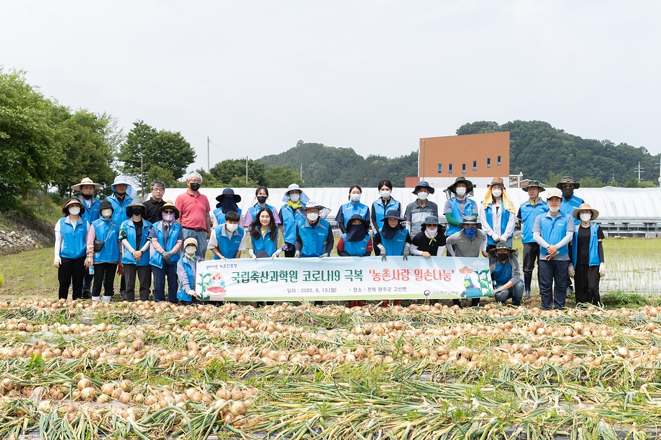 박범영 국립축산과학원장과 직원 30여명이 13일 전북 완주군 고산면 양파 재배 농가를 찾아 양파 수확을 마친 후 기념촬영을 하고 있다.