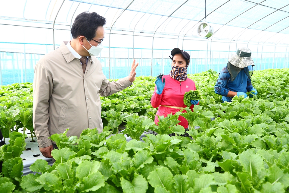 정황근 농림축산식품부 장관이 22일 충남 부여군 공공형 계절근로 시범사업 현장을 방문해 외국인 근로자와 인사를 하고 있다.