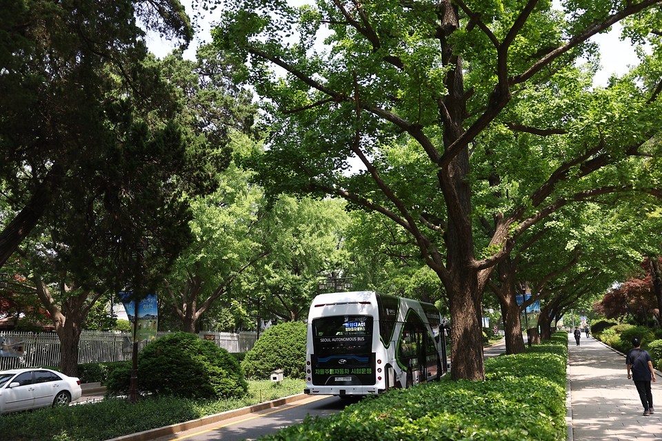 <p>청와대가 일반 시민에게 개방된지 1년이 된 가운데 11일 오전 서울 종로구 청와대 앞에 자율주행 버스가 운영되고 있다. 작년 청와대 개방 이후 1년간 누적 관람객 수는 342만명(5일 기준)을 넘어섰다.</p>
<p><br></p>