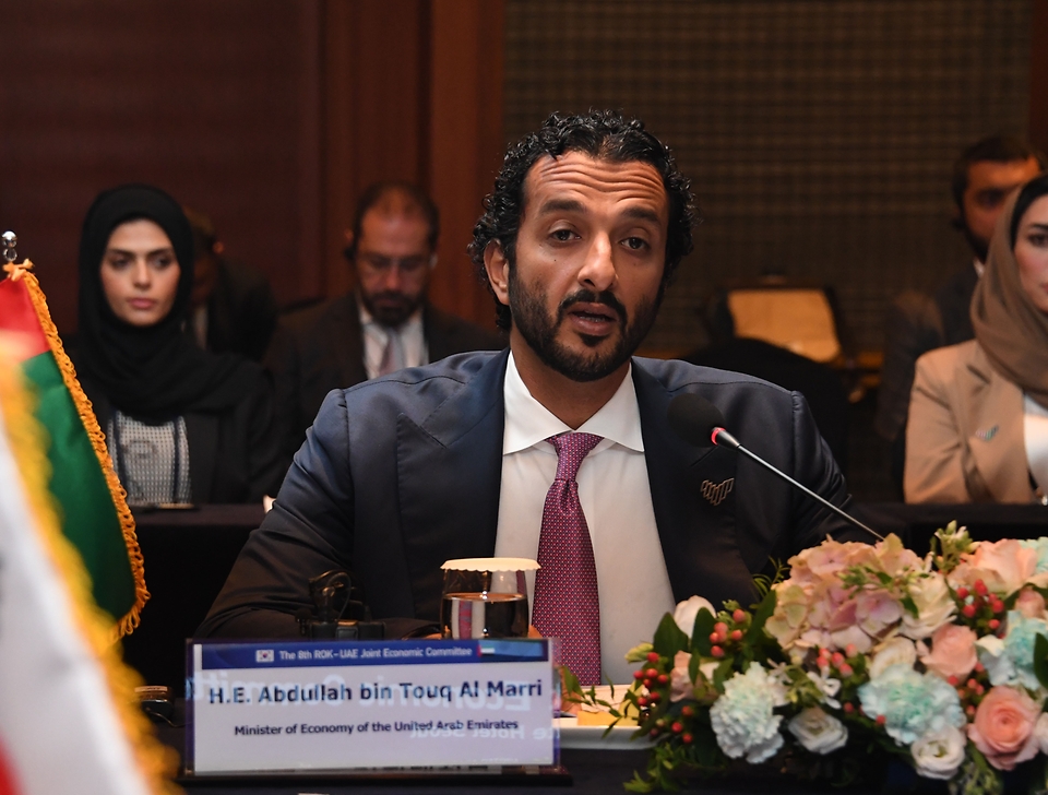 6일 서울 중구 롯데호텔에서 열린 ‘제8차 한-UAE 경제공동위 본회의’에서 압둘라 빈 토우크 알마리 UAE 경제부 장관이 발언하고 있다.