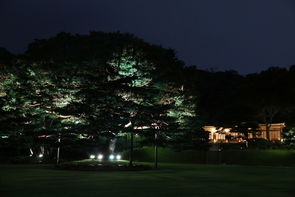 13일 오후 서울 종로구 청와대에서 열린 ‘청와대 밤의 산책’행사에서 사랑채가 빛나고 있다. 관람객들은 정문으로 입장해 대정원과 본관을 지나 소정원에서 공연을 감상할 수 있다. 청와대의 가을밤 정취를 감상할 수 있는 청와대 밤의 산책 행사는 오는 21일까지 진행된다.