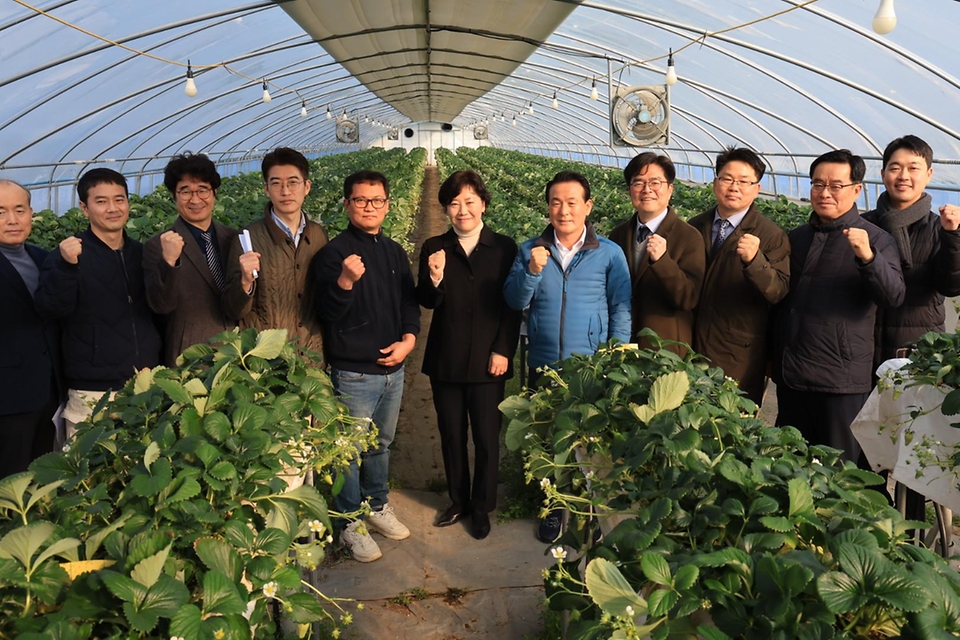 송미령 농림축산식품부 장관이 8일 충남 논산시의 한 딸기 농장을 찾아 지능형 농장(스마트팜) 솔루션 활용 현황을 살핀 후 관계자들과 기념 촬영하고 있다. 