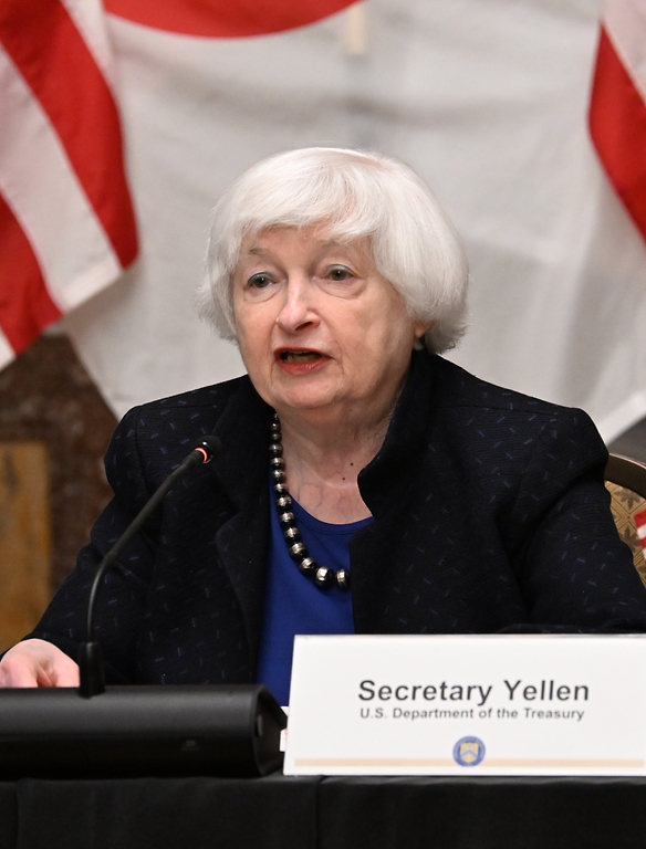 재닛 옐런(Janet Yellen) 미국 재무장관이 17일(현지시간) 미국 재무부에서 열린 ‘제1차 한·미·일 재무장관 회의’에서 모두발언을 하고 있다.