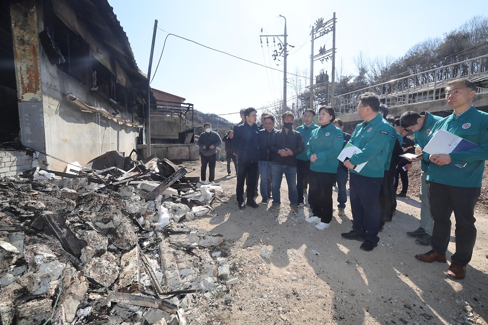 송미령 농식품부 장관은 경북 의성군 산불 피해 과수원과 축산농장을 찾아 삶의 터전을 잃어버린 농가를 위로하고, 현장의 애로사항 등을 청취하였습니다.