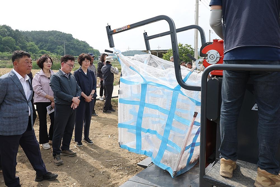 이승돈 농촌진흥청장이 6월 8일 경북 영천의 마늘 수확 현장을 방문해 농촌진흥청이 개발한 마늘 수확 기계화 기술 시범사업 추진 과정을 점검하고, 현장 적용 효과를 공유하고 있다.