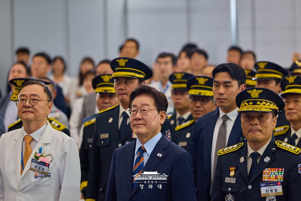 이재명 대통령이 8월 11일 충북 음성 국립소방병원 개원식에 참석하고 있다.