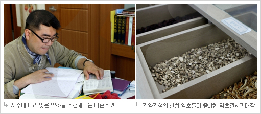 사주에 따라 맞는 약초를 추천해주는 이준호씨, 각양각색의 산청 약초들이 즐비한 약초전시판매장