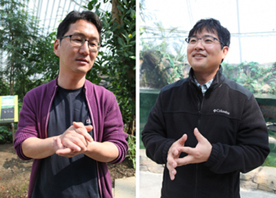 국립생태원의 동·식물 관리를 총괄하고 있는 원창오 전문위원(왼쪽)과 정석환 연구사(오른쪽).