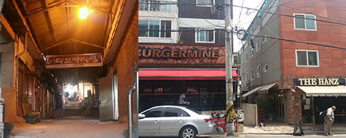 (좌)신흥 시장의 모습. 40여년이 흐른 지금도 여전히 옛 모습을 간직하고 있다. 80년대 요꼬 사업의 쇠퇴로 철수한 빈 가게들의 흔적도 여전히 간직하고 있다. (우) 외국인 주민 유입으로 늘어난 서양식 음식점들.