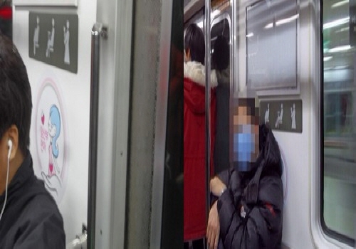 이어폰을 한 청년, 마스크를 한 남성이 임산부 배려석에 태연히 앉아 있다.