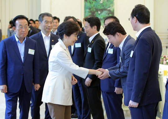 박근혜 대통령이 25일 청와대 인왕실에서 열린 시·도지사 초청 오찬간담회에서 참석자들과 악수를 하고 있다. (사진=저작권자 (c) 연합뉴스. 무단전재-재배포금지)