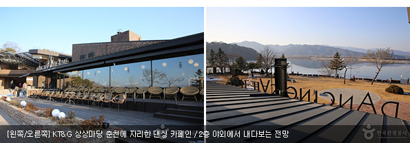 [왼쪽/오른쪽]KT&G 상상마당 춘천에 자리한 댄싱 카페인 / 2층 야외에서 내다보는 전망