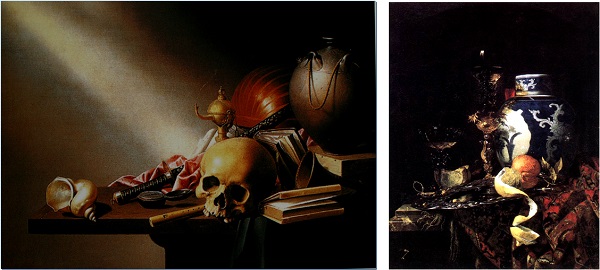  좌: 하르멘 스텐웨이크 < 정물 : 인생의 헛됨에 대한 알레고리> 1640년경  / 우: 빌럼칼프 <오랜된 명조 생강단지가 있는 정물>,1669 , Oil on canvas, 77 x 65,5 cm 