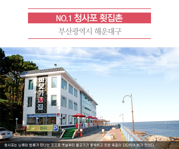 1. 청산포 횟집촌 | 부산광역시 해운대구 | 청사포는 난류와 한류가 만나는 곳으로 옛날부터 물고기가 풍부하고 또한 육질이 단단하여 회가 맛있다. 