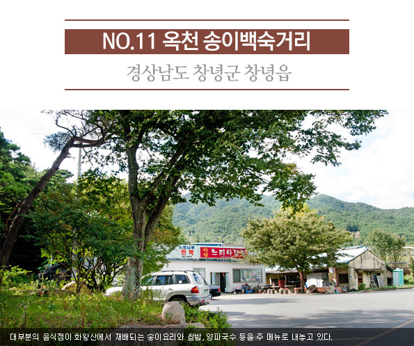 11. 옥천 송이백숙거리 | 경상남도 창녕군 창녕읍 | 대부분의 음식점이 화왕산에서 재배되는 송이요리와 쌈밥, 양파국수 등을 주 메뉴로 내놓고 있다. 